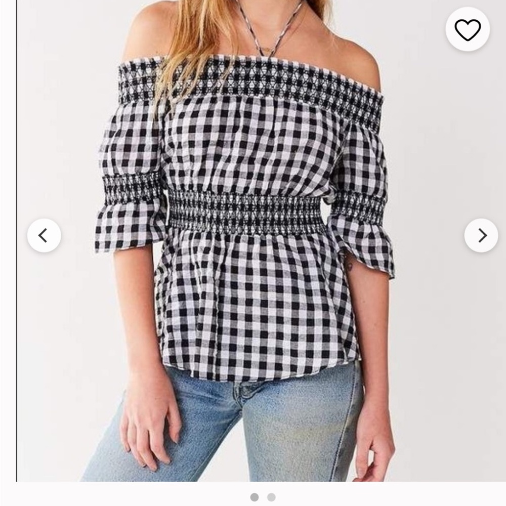 Urban Outfitters Black and White Gingham Off-the-Shoulder Smocked Top. preppy